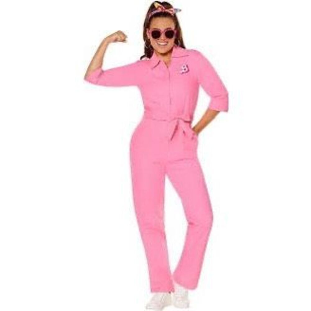 Barbie Women's S One Piece Pink Jumpsuit Movie Costume Tie Waist Power Suit
